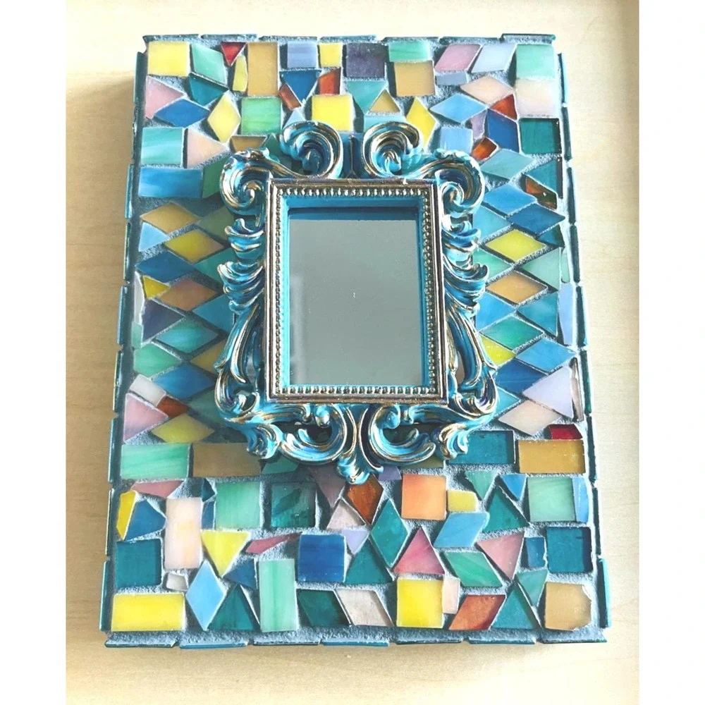 Stained Glass Mosaic Mirror Frame Colorful Handmade Glass Tile Boho Decor 8x6